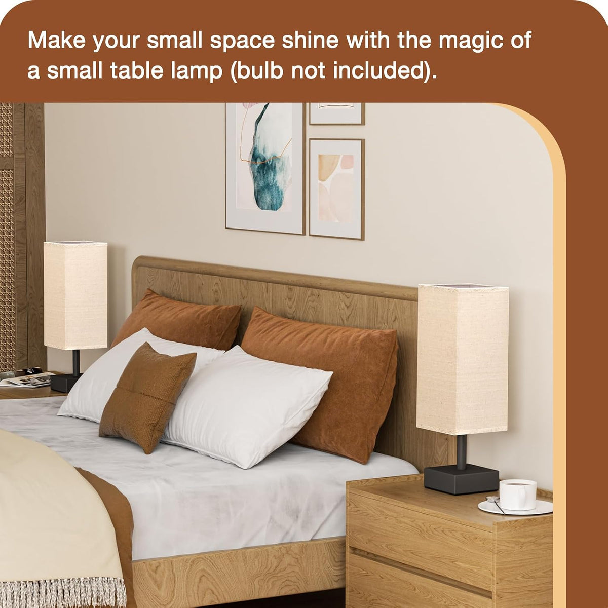 Wood-Grain Small Bedside Lamp for Bedroom - Square Cream Fabric Shade
