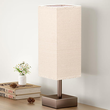 Wood-Grain Small Bedside Lamp for Bedroom - Square Cream Fabric Shade