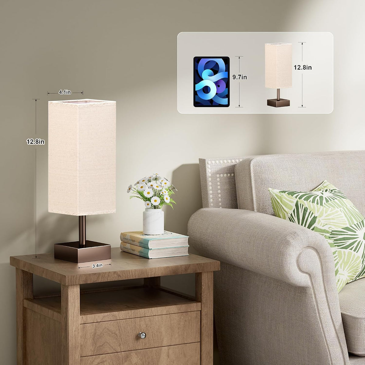 Wood-Grain Small Bedside Lamp for Bedroom - Square Cream Fabric Shade