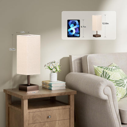 Wood-Grain Small Bedside Lamp for Bedroom - Square Cream Fabric Shade