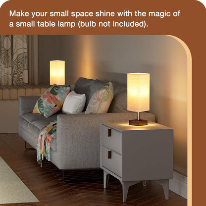 Wood-Grain Small Bedside Lamp for Bedroom - Square Cream Fabric Shade
