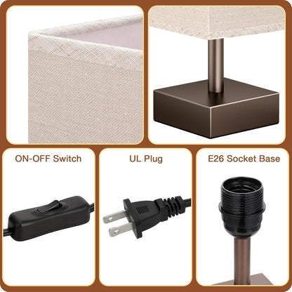 Wood-Grain Small Bedside Lamp for Bedroom - Square Cream Fabric Shade