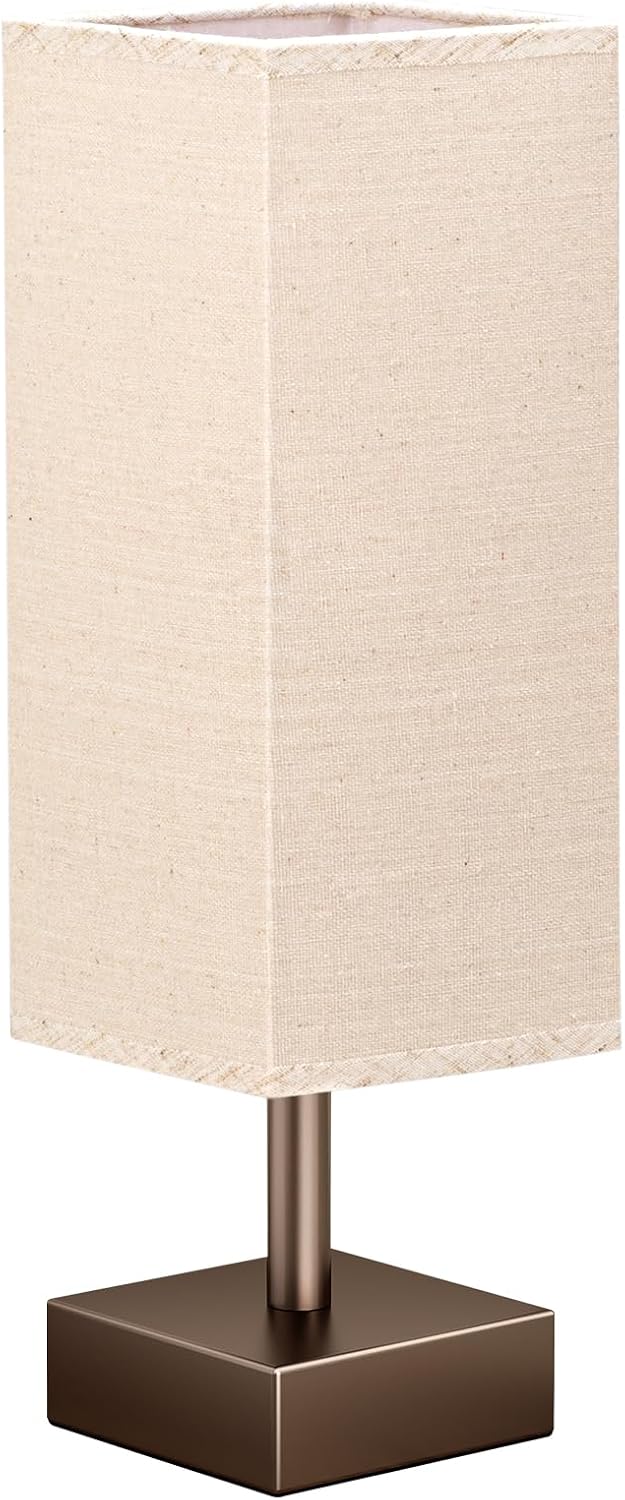 Wood-Grain Small Bedside Lamp for Bedroom - Square Cream Fabric Shade