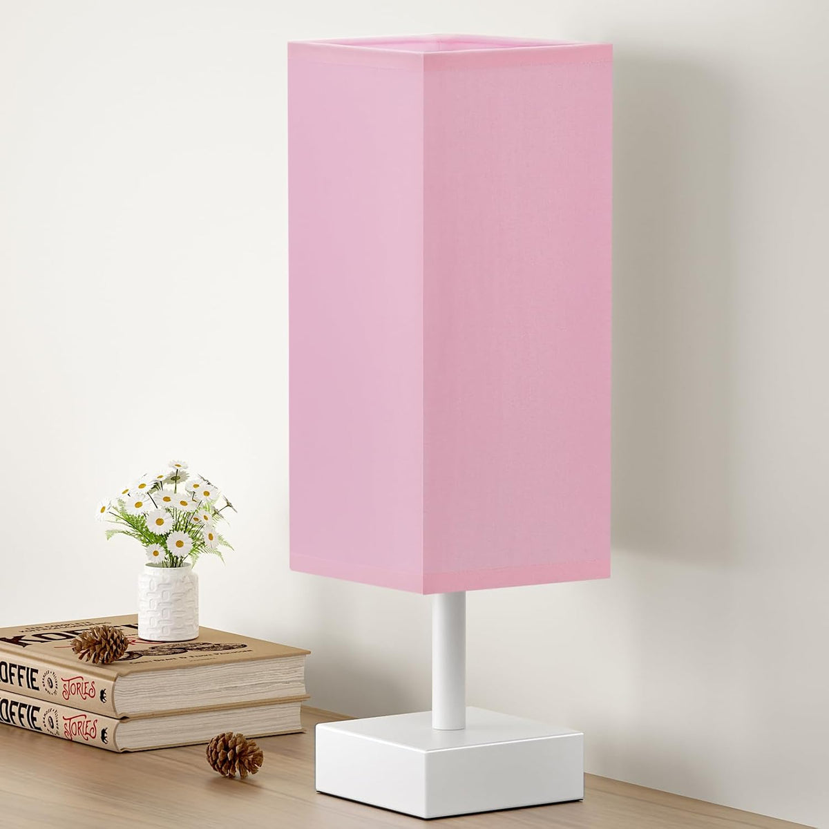 Wood-Grain Small Bedside Lamp for Bedroom - Square Cream Fabric Shade