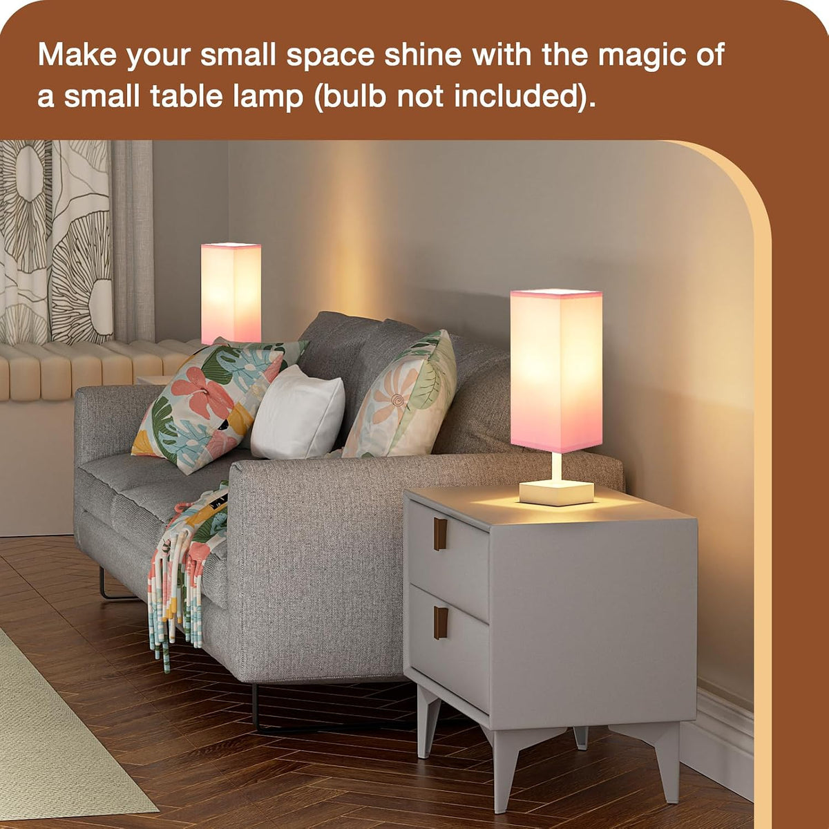 Wood-Grain Small Bedside Lamp for Bedroom - Square Cream Fabric Shade