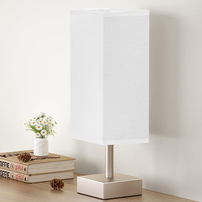 Wood-Grain Small Bedside Lamp for Bedroom - Square Cream Fabric Shade