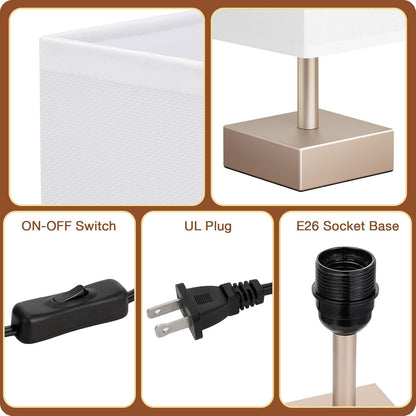 Wood-Grain Small Bedside Lamp for Bedroom - Square Cream Fabric Shade