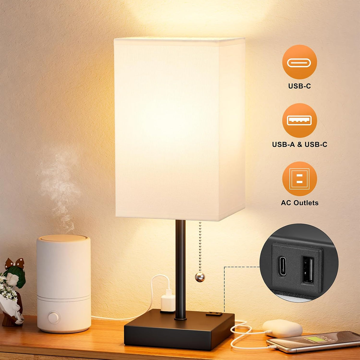 Wood-Grain Small Bedside Lamp for Bedroom - Square Cream Fabric Shade