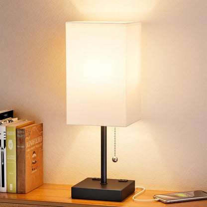 Wood-Grain Small Bedside Lamp for Bedroom - Square Cream Fabric Shade