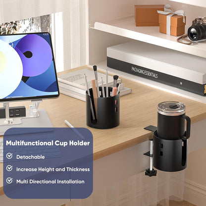 Deeper Anti-Spill Large Desk Cup Holder Clamp,Metal Table Cup Holder(Black)