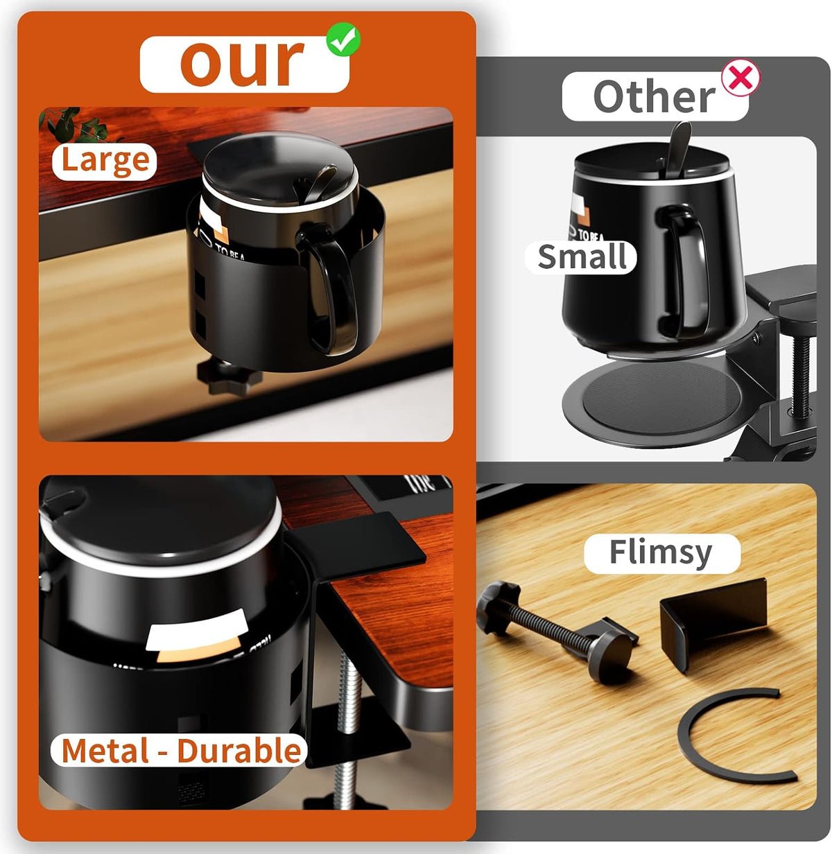 Deeper Anti-Spill Large Desk Cup Holder Clamp,Metal Table Cup Holder(Black)