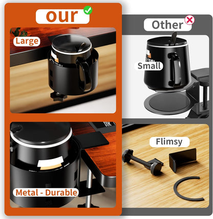 Deeper Anti-Spill Large Desk Cup Holder Clamp,Metal Table Cup Holder(Black)