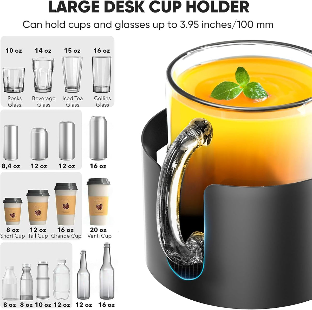 Deeper Anti-Spill Large Desk Cup Holder Clamp,Metal Table Cup Holder(Black)