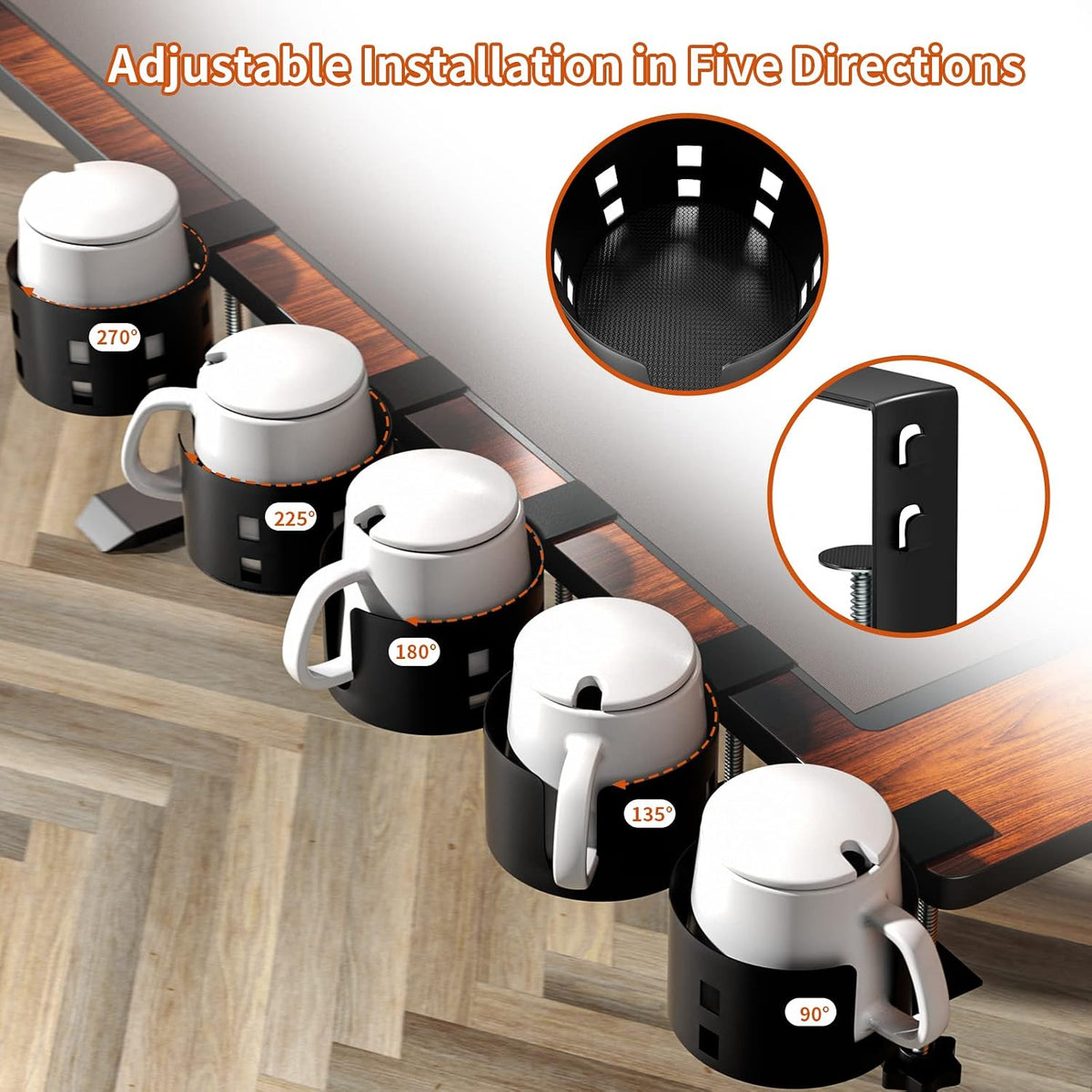 Deeper Anti-Spill Large Desk Cup Holder Clamp,Metal Table Cup Holder(Black)