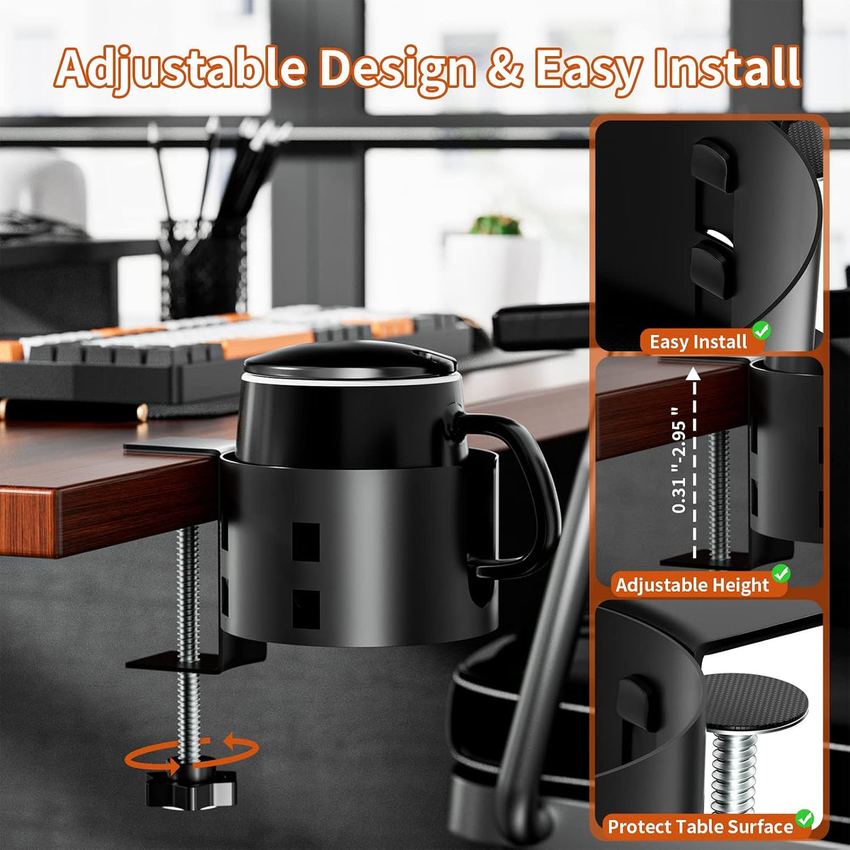 Deeper Anti-Spill Large Desk Cup Holder Clamp,Metal Table Cup Holder(Black)
