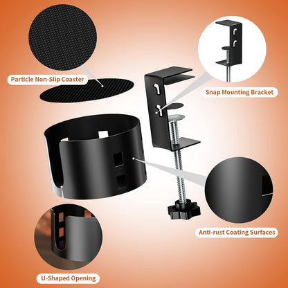 Deeper Anti-Spill Large Desk Cup Holder Clamp,Metal Table Cup Holder(Black)