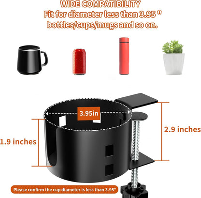 Deeper Anti-Spill Large Desk Cup Holder Clamp,Metal Table Cup Holder(Black)