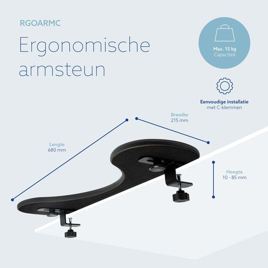 R-Go Arm Rest for Desk, Distance Adjustable, Ergonomic Desk Extender Tray, Elbow & Wrist Supoort, Soft Sponge Built-in, Easy Typing Pain Relief, Punch-Free Clamp on, Black