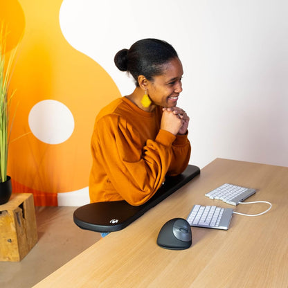 R-Go Arm Rest for Desk, Distance Adjustable, Ergonomic Desk Extender Tray, Elbow & Wrist Supoort, Soft Sponge Built-in, Easy Typing Pain Relief, Punch-Free Clamp on, Black