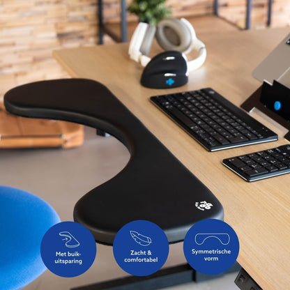 R-Go Arm Rest for Desk, Distance Adjustable, Ergonomic Desk Extender Tray, Elbow & Wrist Supoort, Soft Sponge Built-in, Easy Typing Pain Relief, Punch-Free Clamp on, Black