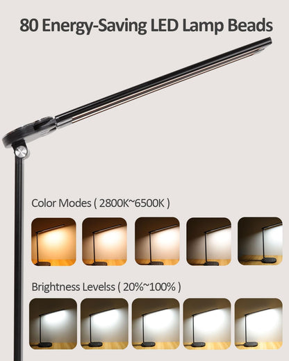 LED Desk Lamps for Home Office, 14W Bright Double Swing Arm LED Desk Lamp with USB Charging Port, Eye-Caring Task Lamp, Desktop Lamp with Night Light Table Read Light for Bedroom Work Study Craft