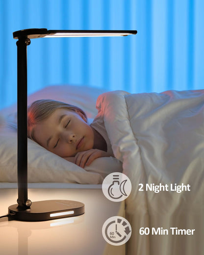 LED Desk Lamps for Home Office, 14W Bright Double Swing Arm LED Desk Lamp with USB Charging Port, Eye-Caring Task Lamp, Desktop Lamp with Night Light Table Read Light for Bedroom Work Study Craft