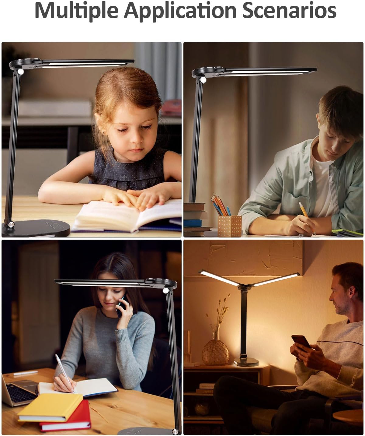 LED Desk Lamps for Home Office, 14W Bright Double Swing Arm LED Desk Lamp with USB Charging Port, Eye-Caring Task Lamp, Desktop Lamp with Night Light Table Read Light for Bedroom Work Study Craft