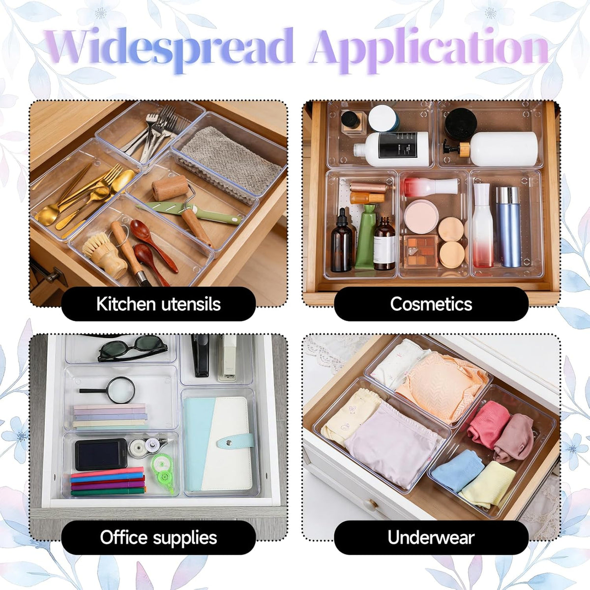 10 Pack Clear Plastic Drawer Organizer, 6" X 9" Acrylic Storage Bins with Non-Slip Pads, Acrylic Drawer Organizer Tray, Clear Desk Storage Tray for Makeup, Kitchen Utensils, Jewelry, Office, Bathroom