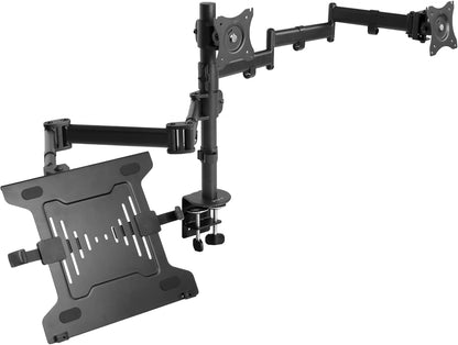 Dual Monitor + Laptop Mount for 13 to 27 inch Screens and 10 to 15.6 inch Laptops, Triple Screen Viewing, Articulating Arms, Black, STAND-V013L