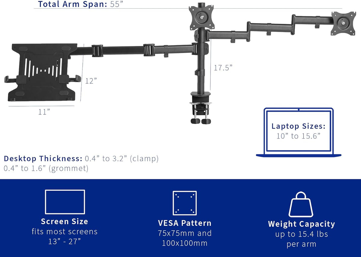 Dual Monitor + Laptop Mount for 13 to 27 inch Screens and 10 to 15.6 inch Laptops, Triple Screen Viewing, Articulating Arms, Black, STAND-V013L