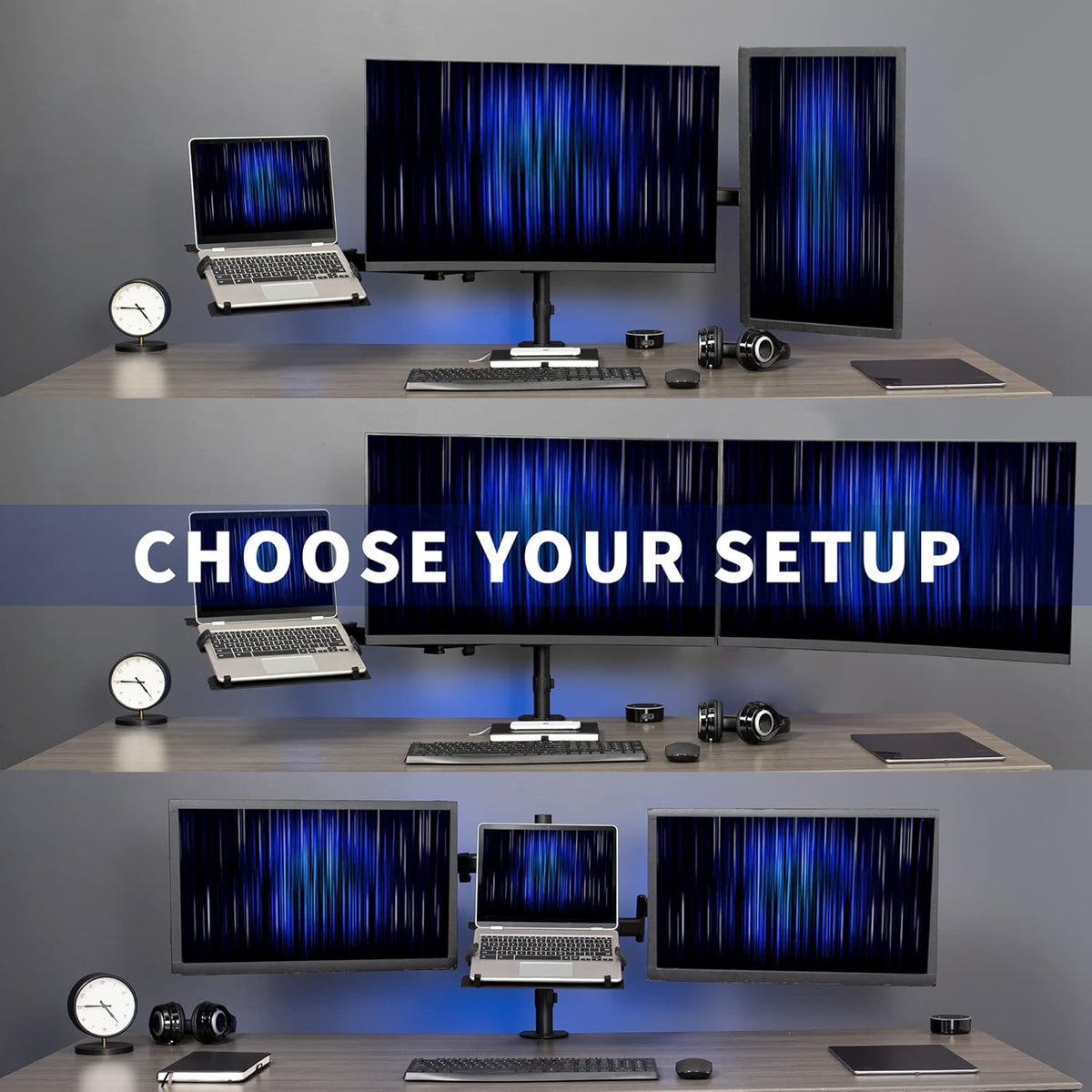 Dual Monitor + Laptop Mount for 13 to 27 inch Screens and 10 to 15.6 inch Laptops, Triple Screen Viewing, Articulating Arms, Black, STAND-V013L
