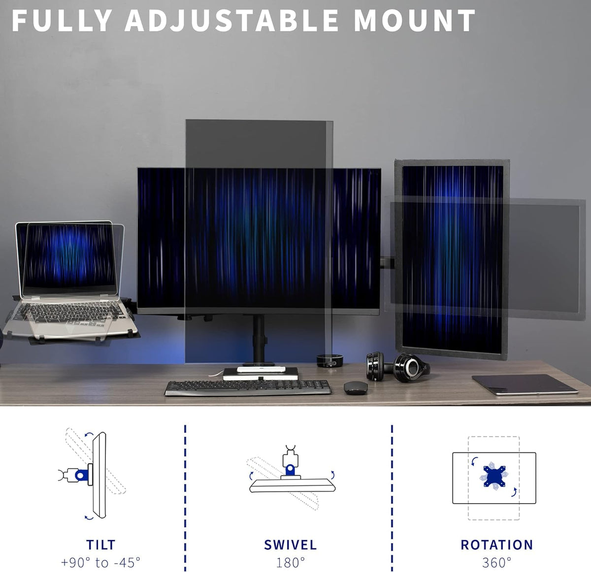 Dual Monitor + Laptop Mount for 13 to 27 inch Screens and 10 to 15.6 inch Laptops, Triple Screen Viewing, Articulating Arms, Black, STAND-V013L