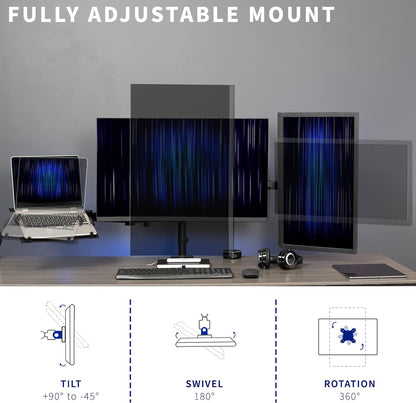 Dual Monitor + Laptop Mount for 13 to 27 inch Screens and 10 to 15.6 inch Laptops, Triple Screen Viewing, Articulating Arms, Black, STAND-V013L