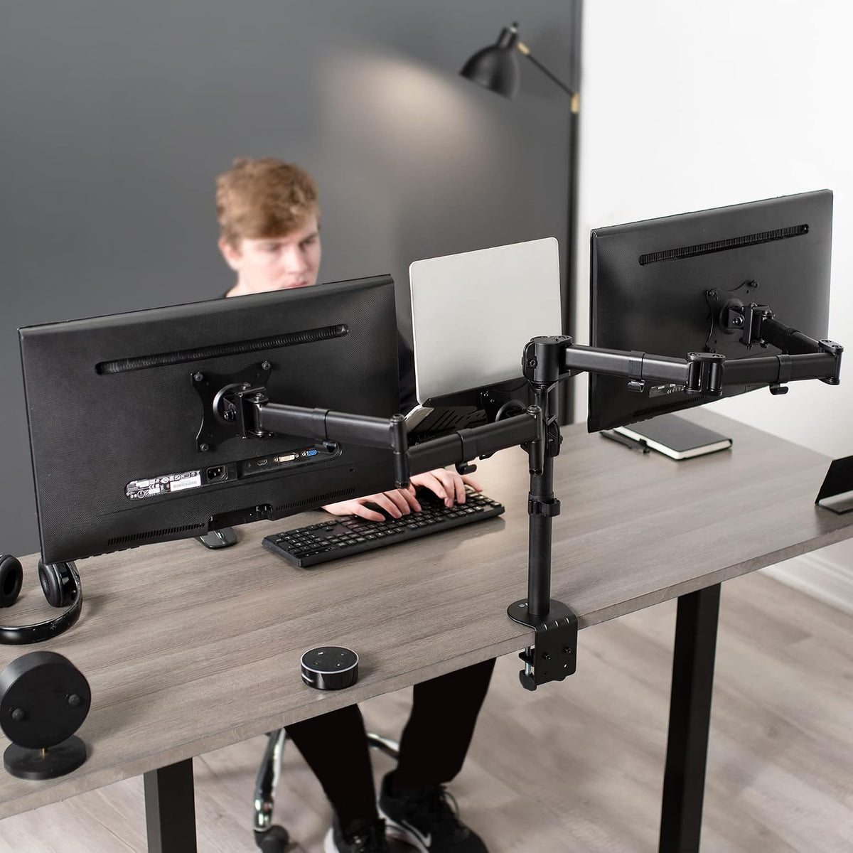 Dual Monitor + Laptop Mount for 13 to 27 inch Screens and 10 to 15.6 inch Laptops, Triple Screen Viewing, Articulating Arms, Black, STAND-V013L