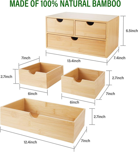 Bamboo Desk Organizer With Drawers Countertop Drawers Counter Storage Box Corner Desk Organizer for Home Office No Assembly Required