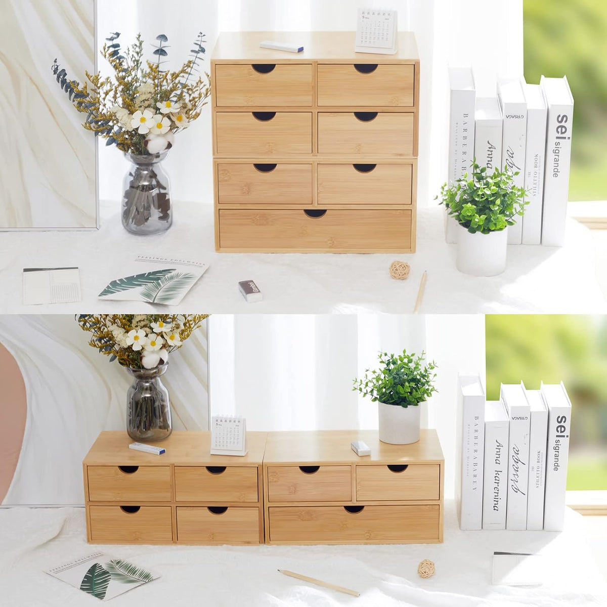 Bamboo Desk Organizer With Drawers Countertop Drawers Counter Storage Box Corner Desk Organizer for Home Office No Assembly Required