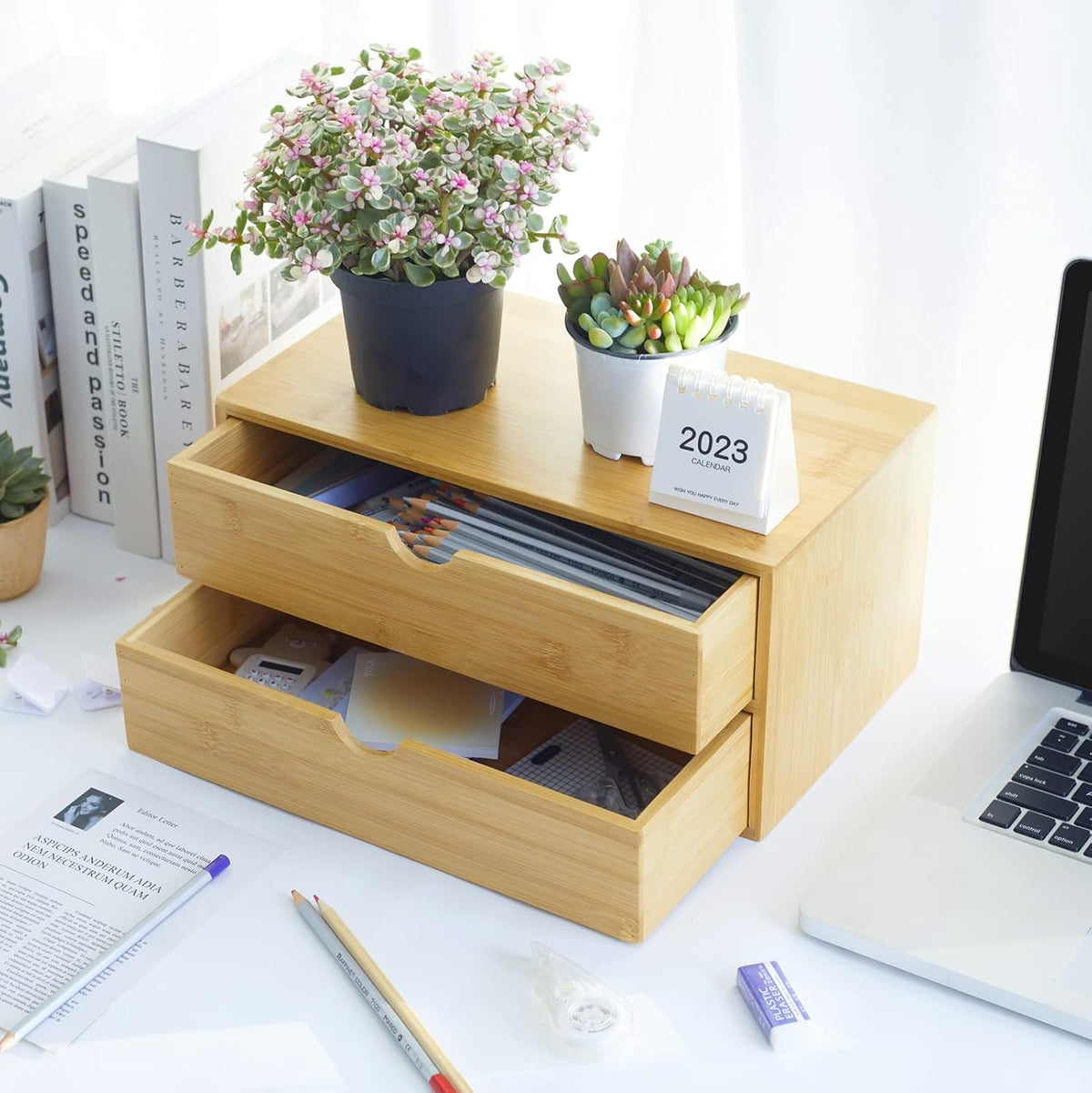 Bamboo Desk Organizer With Drawers Countertop Drawers Counter Storage Box Corner Desk Organizer for Home Office No Assembly Required