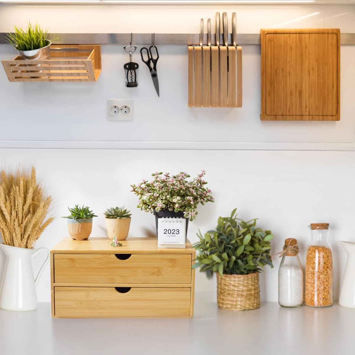 Bamboo Desk Organizer With Drawers Countertop Drawers Counter Storage Box Corner Desk Organizer for Home Office No Assembly Required