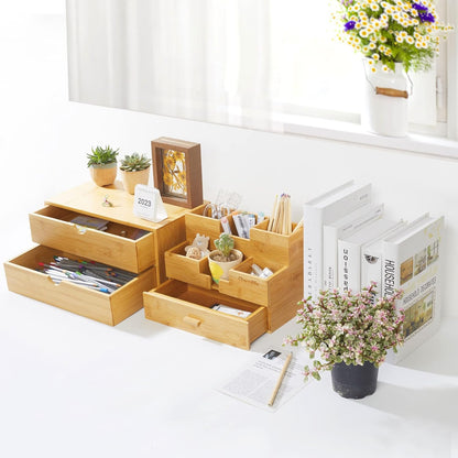 Bamboo Desk Organizer With Drawers Countertop Drawers Counter Storage Box Corner Desk Organizer for Home Office No Assembly Required