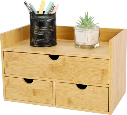 Bamboo Desk Organizer With Drawers Countertop Drawers Counter Storage Box Corner Desk Organizer for Home Office No Assembly Required
