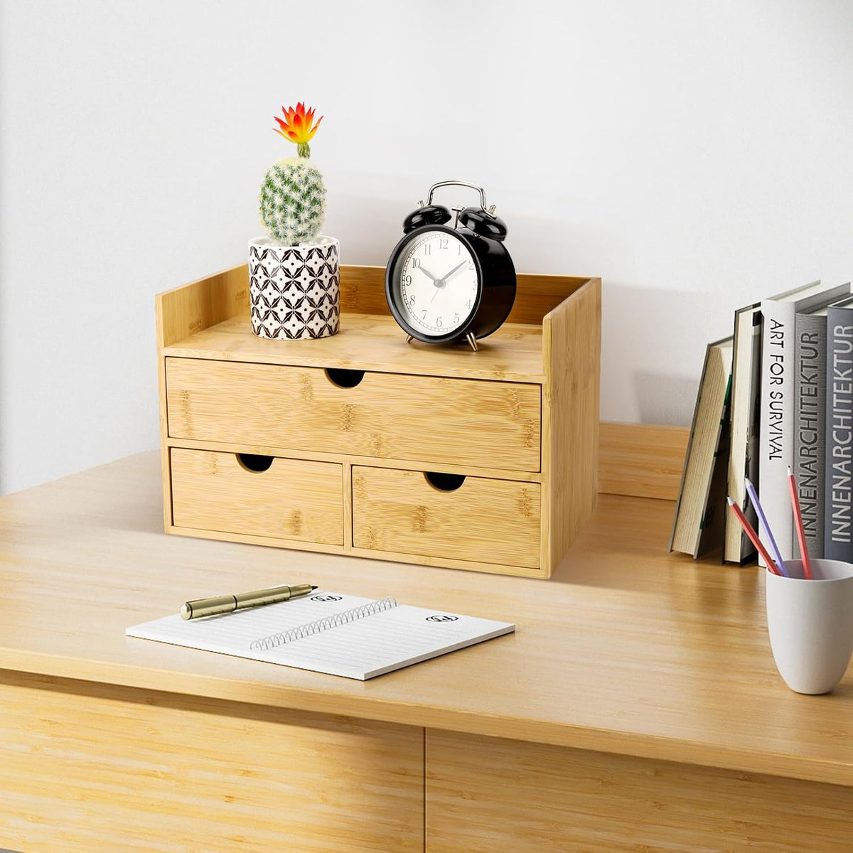 Bamboo Desk Organizer With Drawers Countertop Drawers Counter Storage Box Corner Desk Organizer for Home Office No Assembly Required