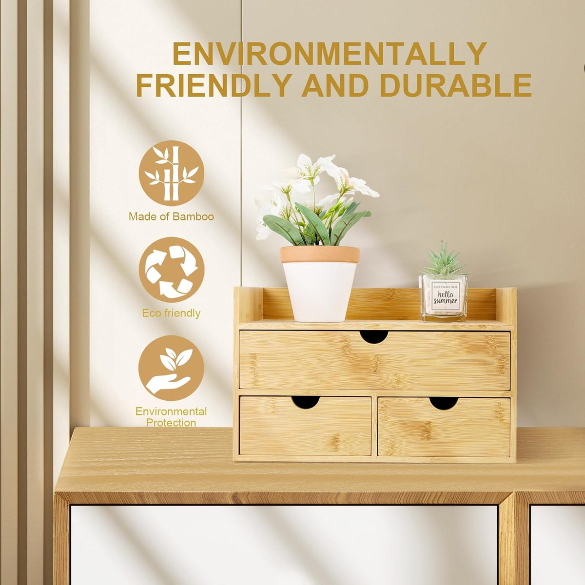 Bamboo Desk Organizer With Drawers Countertop Drawers Counter Storage Box Corner Desk Organizer for Home Office No Assembly Required
