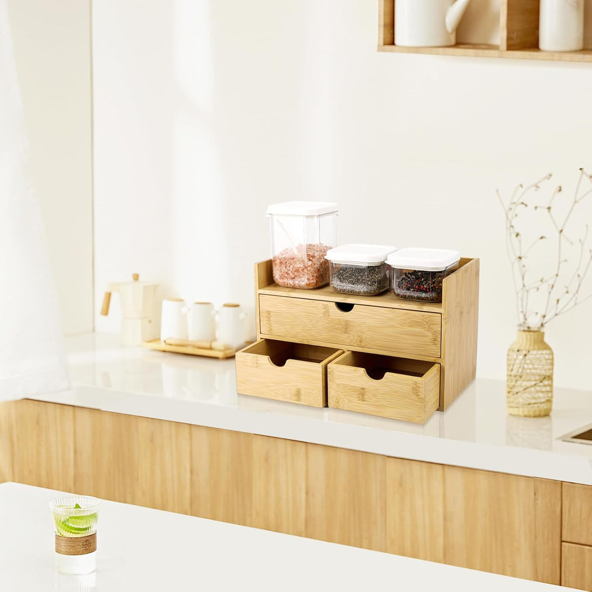 Bamboo Desk Organizer With Drawers Countertop Drawers Counter Storage Box Corner Desk Organizer for Home Office No Assembly Required
