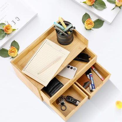 Bamboo Desk Organizer With Drawers Countertop Drawers Counter Storage Box Corner Desk Organizer for Home Office No Assembly Required