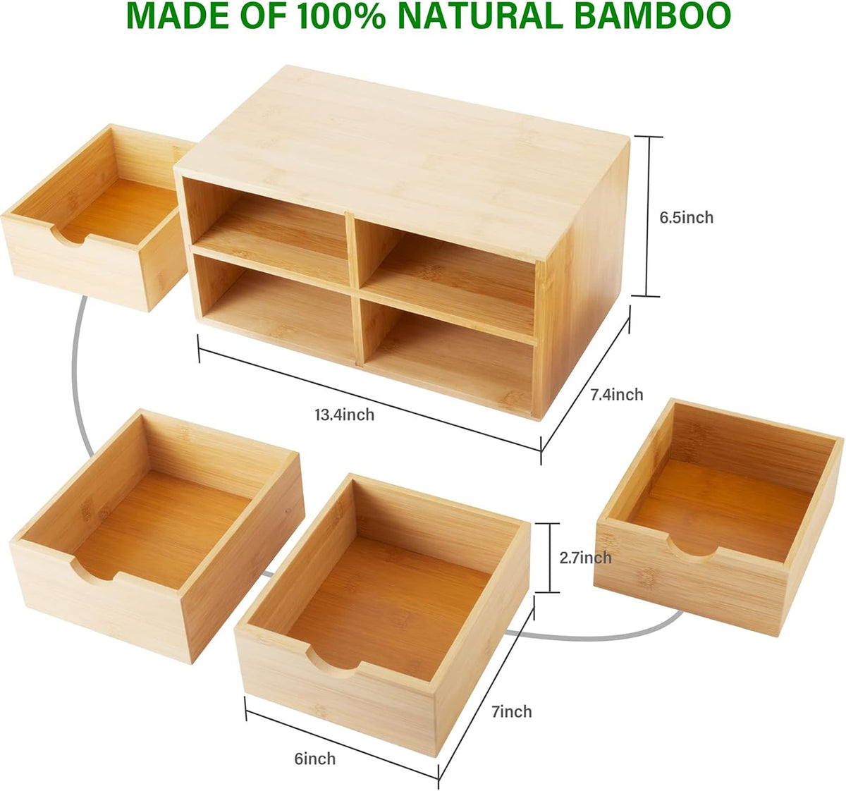 Bamboo Desk Organizer With Drawers Countertop Drawers Counter Storage Box Corner Desk Organizer for Home Office No Assembly Required
