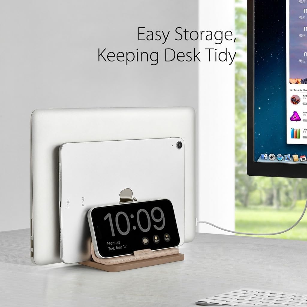 Dual Vertical Laptop Stand, 3 in 1 Upright Desktop Stand Holder with Adjustable Dock (Up to 17.3''), Leather Laptop Rack Storage Desk Organizer for Phone, Tablet, MacBook/HP/Dell/Chrome Book (Apricot)