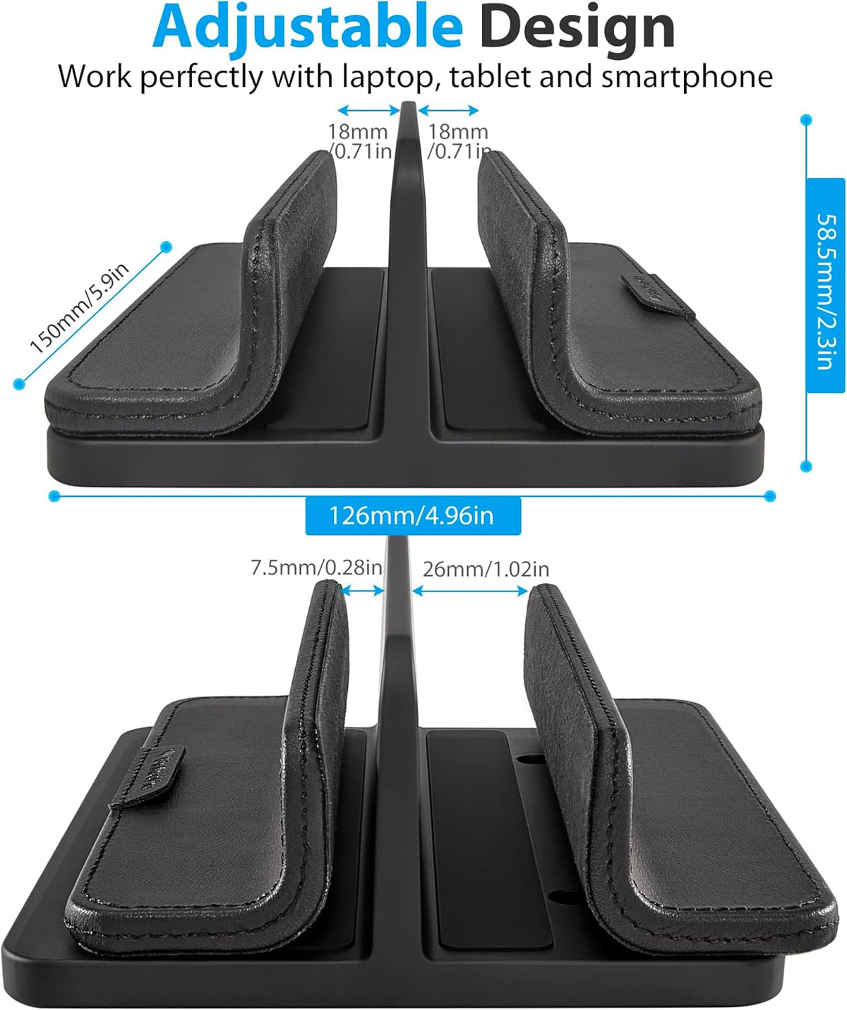 Dual Vertical Laptop Stand, 3 in 1 Upright Desktop Stand Holder with Adjustable Dock (Up to 17.3''), Leather Laptop Rack Storage Desk Organizer for Phone, Tablet, MacBook/HP/Dell/Chrome Book (Apricot)