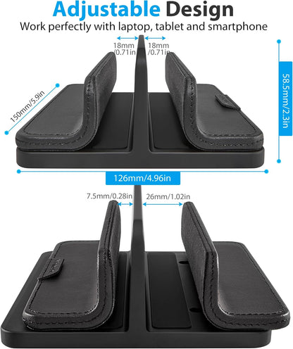 Dual Vertical Laptop Stand, 3 in 1 Upright Desktop Stand Holder with Adjustable Dock (Up to 17.3''), Leather Laptop Rack Storage Desk Organizer for Phone, Tablet, MacBook/HP/Dell/Chrome Book (Apricot)