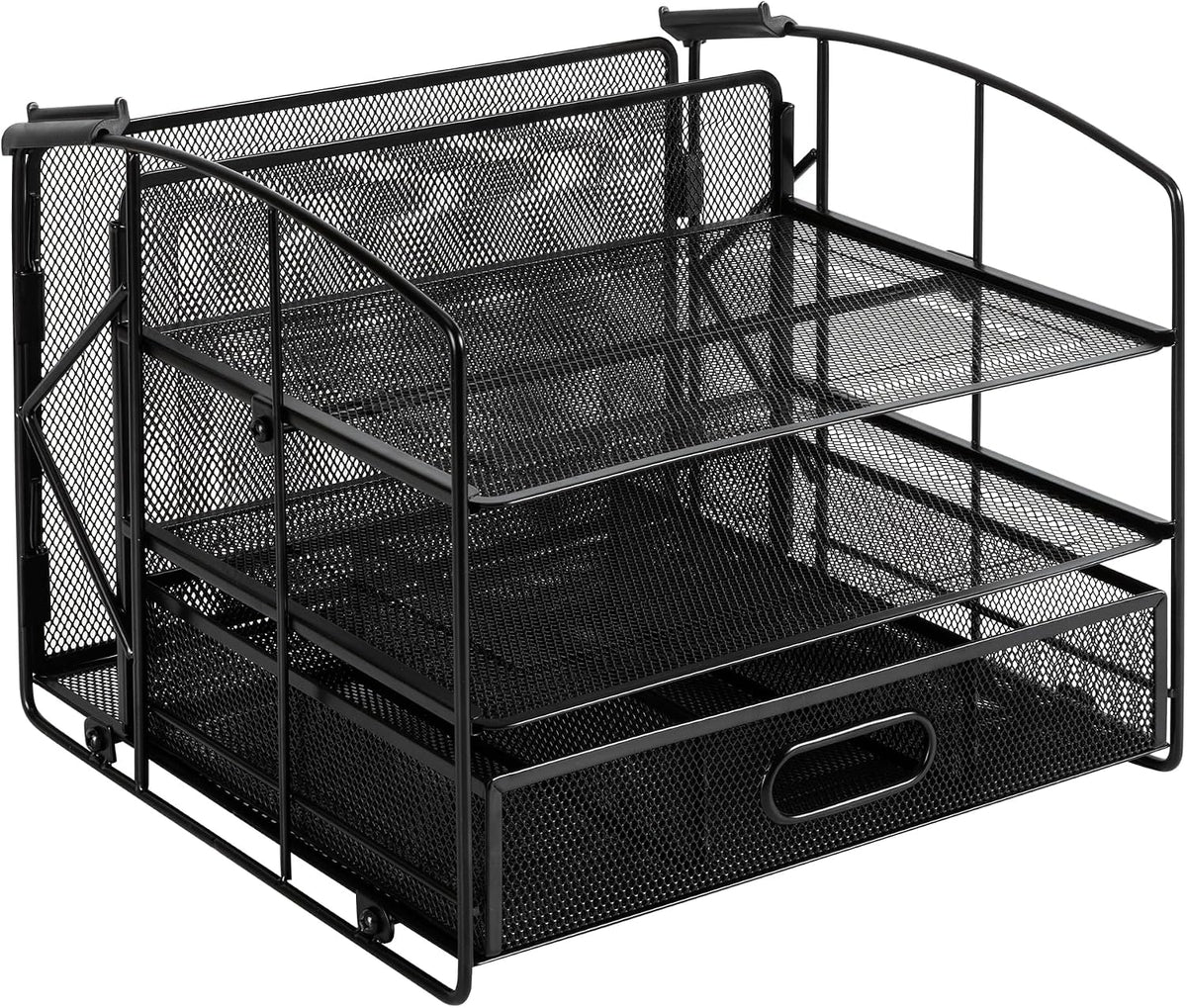 Sturdy Rectangular Desktop Organizer with 3 Trays, Sliding Drawer and Hanging File Holder for Office Supplies, Black