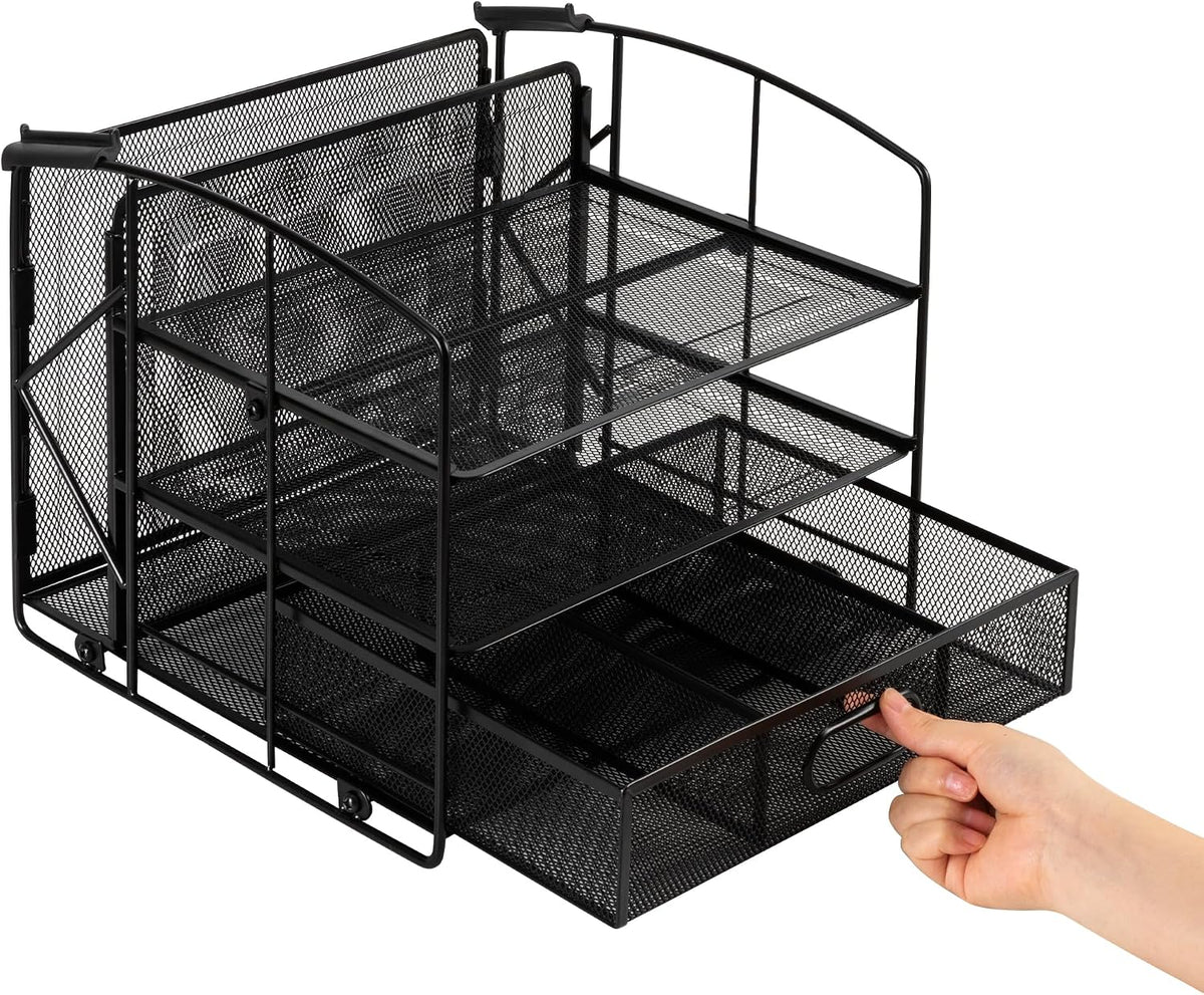 Sturdy Rectangular Desktop Organizer with 3 Trays, Sliding Drawer and Hanging File Holder for Office Supplies, Black